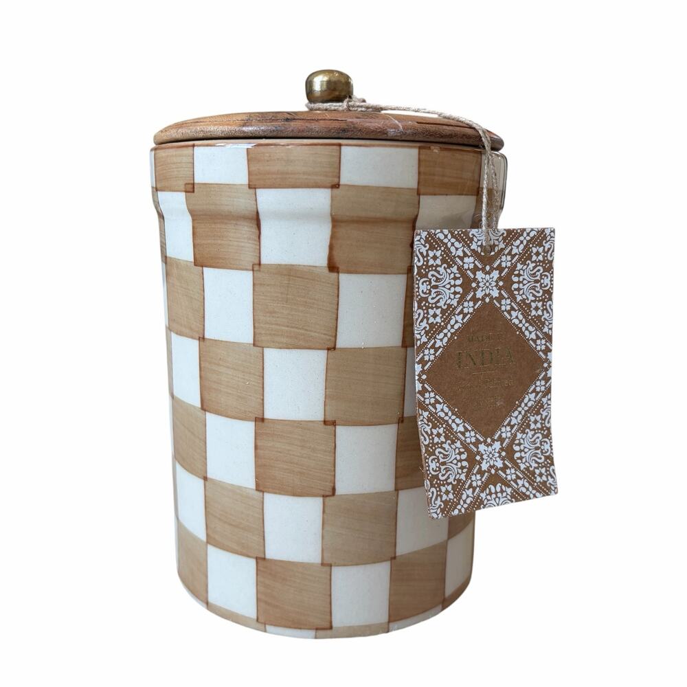 Hand Painted Checkered Ceramic Canister w/ Wood Lid 8" Made in India Mocha White